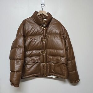Golf Wang Brown Leather Puffer Jacket Mens L Lambskin Duck Down Filled Flames